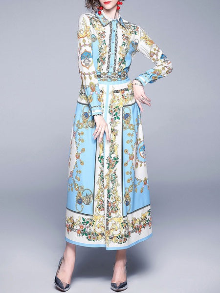 Maxi Dresses Long Sleeves Printed Turndown Collar Buttons Maxi High Low Design Polyester Floor Length Dress