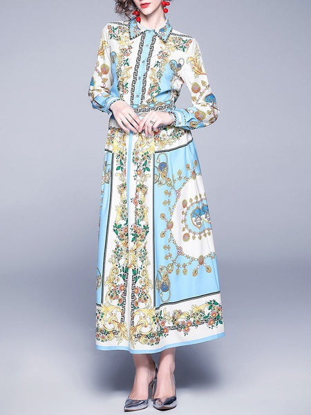 Maxi Dresses Long Sleeves Printed Turndown Collar Buttons Maxi High Low Design Polyester Floor Length Dress