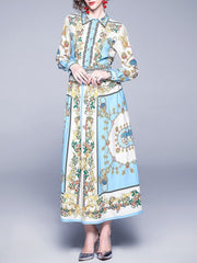 Maxi Dresses Long Sleeves Printed Turndown Collar Buttons Maxi High Low Design Polyester Floor Length Dress