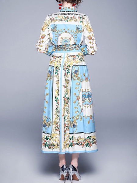 Maxi Dresses Long Sleeves Printed Turndown Collar Buttons Maxi High Low Design Polyester Floor Length Dress
