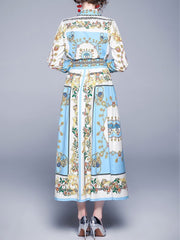 Maxi Dresses Long Sleeves Printed Turndown Collar Buttons Maxi High Low Design Polyester Floor Length Dress