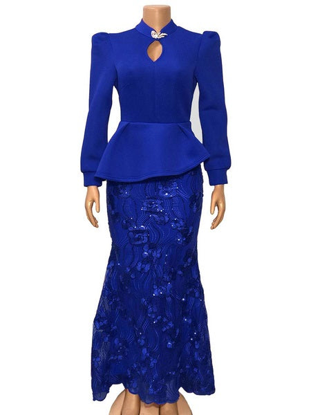 Maxi Dresses Long Sleeves Stand Collar Sequins Irregular Polyester Floor Length Dress