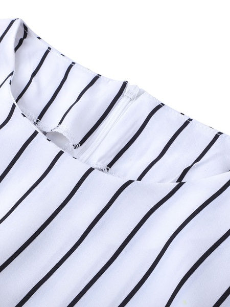 Maxi Dresses Long Sleeves Stripe Jewel Neck Maxi Cotton Long Dress