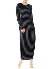 Maxi Dresses Long Sleeves Stripe Jewel Neck Maxi Cotton Long Dress