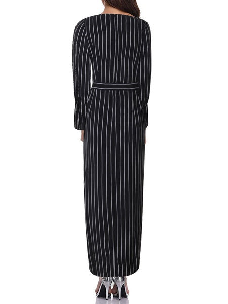Maxi Dresses Long Sleeves Stripe Jewel Neck Maxi Cotton Long Dress