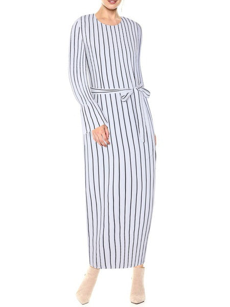 Maxi Dresses Long Sleeves Stripe Jewel Neck Maxi Cotton Long Dress