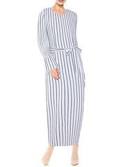 Maxi Dresses Long Sleeves Stripe Jewel Neck Maxi Cotton Long Dress