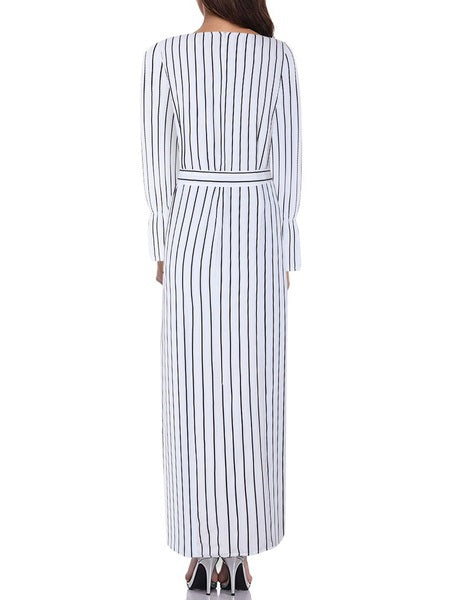 Maxi Dresses Long Sleeves Stripe Jewel Neck Maxi Cotton Long Dress