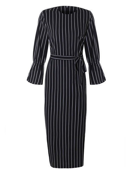 Maxi Dresses Long Sleeves Stripe Jewel Neck Maxi Cotton Long Dress