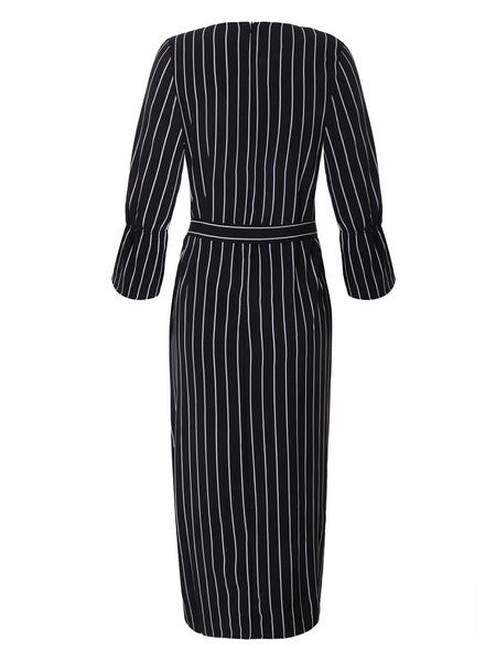Maxi Dresses Long Sleeves Stripe Jewel Neck Maxi Cotton Long Dress