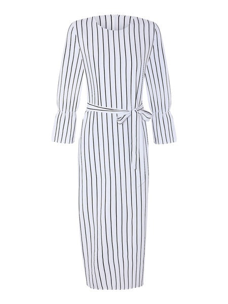 Maxi Dresses Long Sleeves Stripe Jewel Neck Maxi Cotton Long Dress
