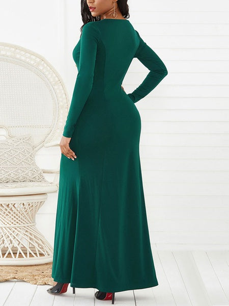 Maxi Dresses Long Sleeves V Neck Split Front Layered Polyester Long Dress