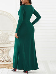 Maxi Dresses Long Sleeves V Neck Split Front Layered Polyester Long Dress