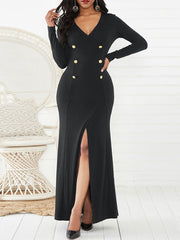 Maxi Dresses Long Sleeves V Neck Split Front Layered Polyester Long Dress