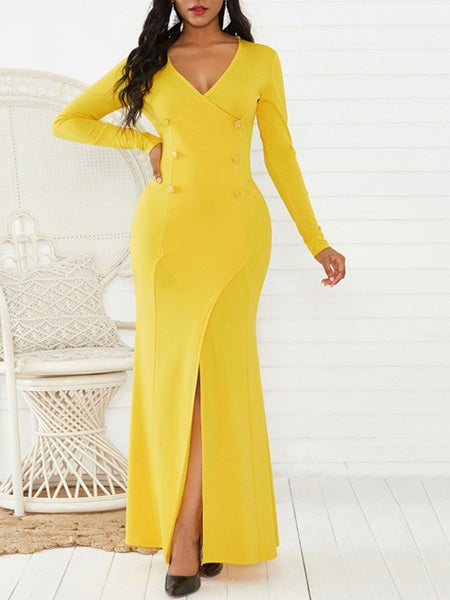 Maxi Dresses Long Sleeves V Neck Split Front Layered Polyester Long Dress