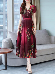Maxi Dresses Short Sleeves Floral Print V Neck Pleated Layered Chiffon Floor Length Dress