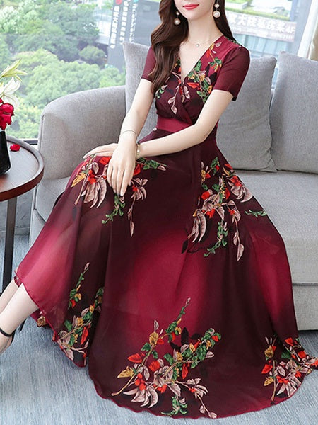 Maxi Dresses Short Sleeves Floral Print V Neck Pleated Layered Chiffon Floor Length Dress