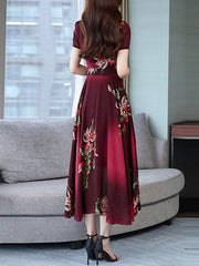 Maxi Dresses Short Sleeves Floral Print V Neck Pleated Layered Chiffon Floor Length Dress