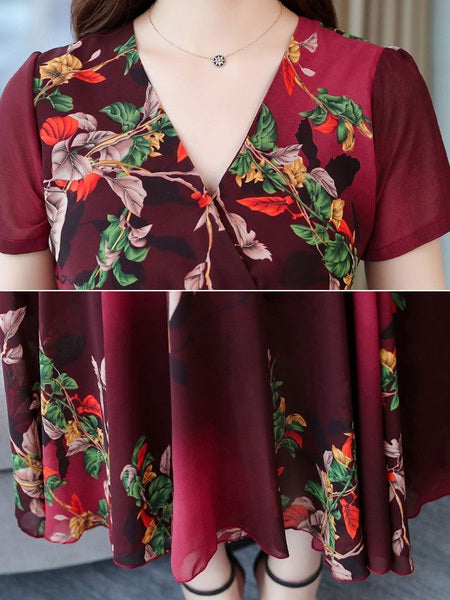 Maxi Dresses Short Sleeves Floral Print V Neck Pleated Layered Chiffon Floor Length Dress