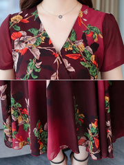 Maxi Dresses Short Sleeves Floral Print V Neck Pleated Layered Chiffon Floor Length Dress