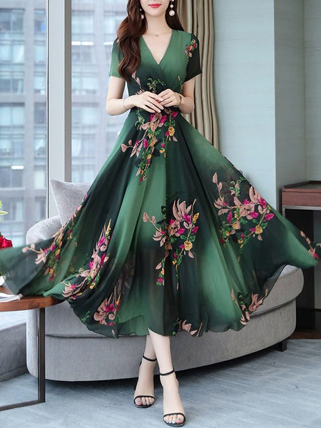 Maxi Dresses Short Sleeves Floral Print V Neck Pleated Layered Chiffon Floor Length Dress