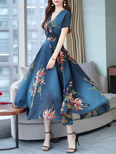 Maxi Dresses Short Sleeves Floral Print V Neck Pleated Layered Chiffon Floor Length Dress