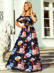 Maxi Dresses Short Sleeves Floral Printed Bateau Neck Floor Length Dress
