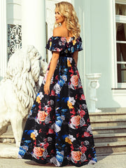 Maxi Dresses Short Sleeves Floral Printed Bateau Neck Floor Length Dress