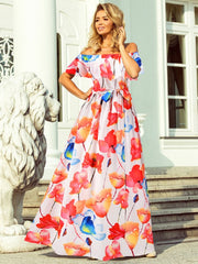 Maxi Dresses Short Sleeves Floral Printed Bateau Neck Floor Length Dress