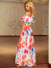 Maxi Dresses Short Sleeves Floral Printed Bateau Neck Floor Length Dress