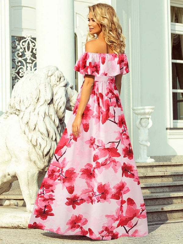Maxi Dresses Short Sleeves Floral Printed Bateau Neck Floor Length Dress