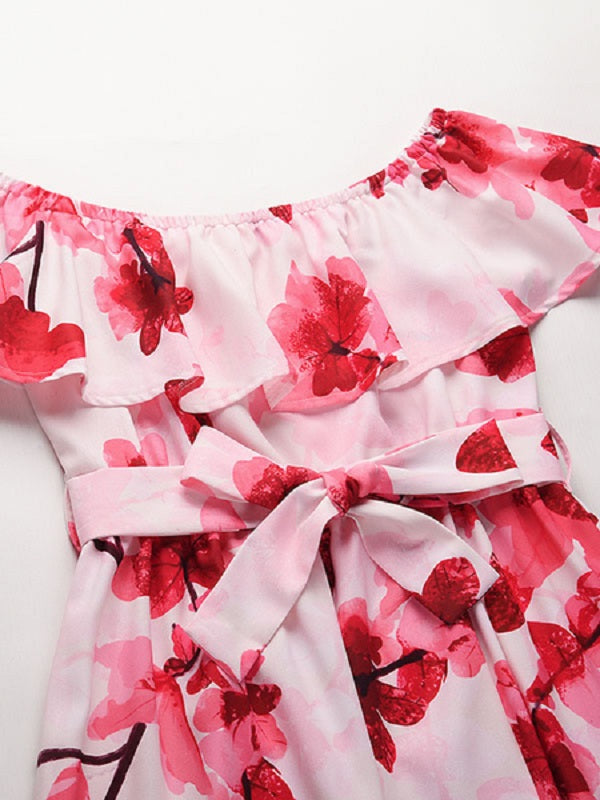 Maxi Dresses Short Sleeves Floral Printed Bateau Neck Floor Length Dress