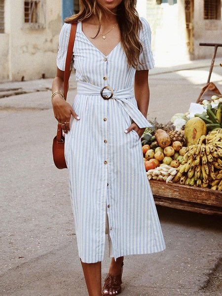 Maxi Dresses Short Sleeves Stripes V Neck Cotton Long Dress With Sash