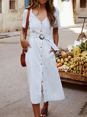 Maxi Dresses Short Sleeves Stripes V Neck Cotton Long Dress With Sash