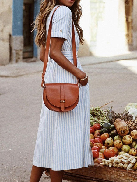 Maxi Dresses Short Sleeves Stripes V Neck Cotton Long Dress With Sash