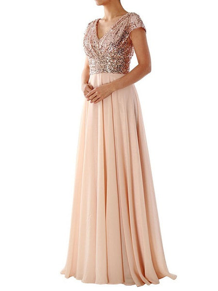 Maxi Dresses Short Sleeves Two Tone V Neck Sequins Layered Polyester Long Dress