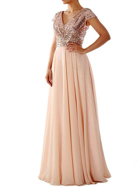 Maxi Dresses Short Sleeves Two Tone V Neck Sequins Layered Polyester Long Dress