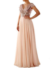 Maxi Dresses Short Sleeves Two Tone V Neck Sequins Layered Polyester Long Dress
