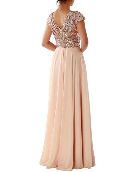 Maxi Dresses Short Sleeves Two Tone V Neck Sequins Layered Polyester Long Dress
