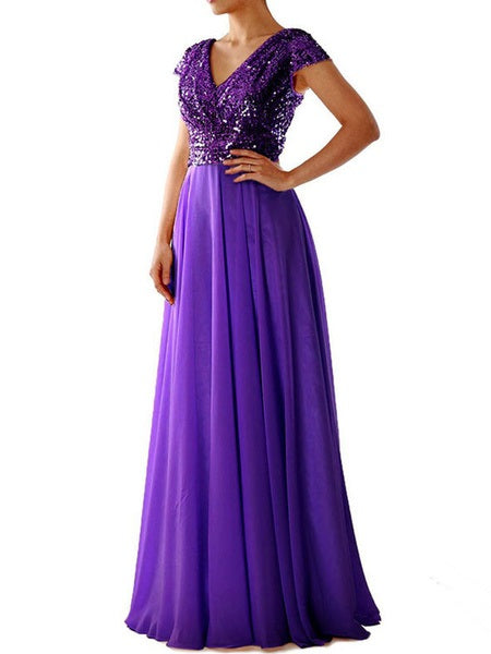 Maxi Dresses Short Sleeves Two Tone V Neck Sequins Layered Polyester Long Dress