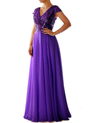 Maxi Dresses Short Sleeves Two Tone V Neck Sequins Layered Polyester Long Dress