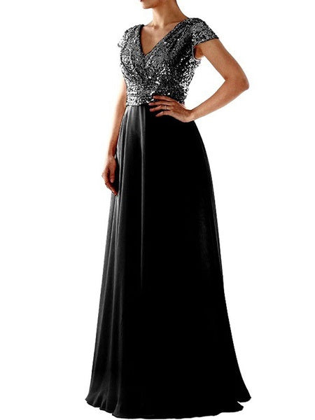 Maxi Dresses Short Sleeves Two Tone V Neck Sequins Layered Polyester Long Dress