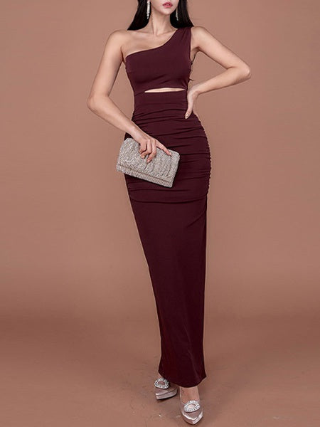 Maxi Dresses Sleeveless One-Shoulder Split Front Asymmetrical Polyester Long Dress