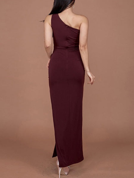 Maxi Dresses Sleeveless One-Shoulder Split Front Asymmetrical Polyester Long Dress