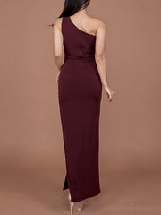 Maxi Dresses Sleeveless One-Shoulder Split Front Asymmetrical Polyester Long Dress