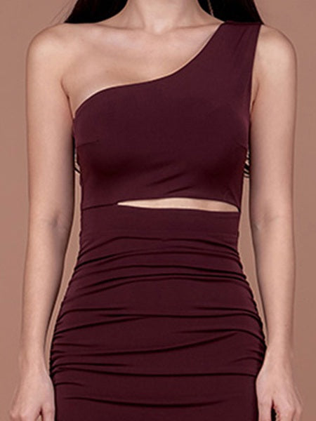 Maxi Dresses Sleeveless One-Shoulder Split Front Asymmetrical Polyester Long Dress