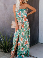 Maxi Dresses Sleeveless Printed Strapless Split Front Backless Long Dress