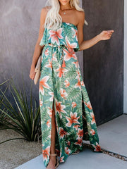 Maxi Dresses Sleeveless Printed Strapless Split Front Backless Long Dress