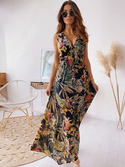 Maxi Dresses Sleeveless Printed V-Neck Polyester Floor Length Dress