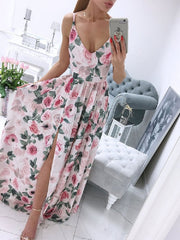 Maxi Dresses Sleeveless Printed V-Neck Split Front Maxi Floor Length Dress